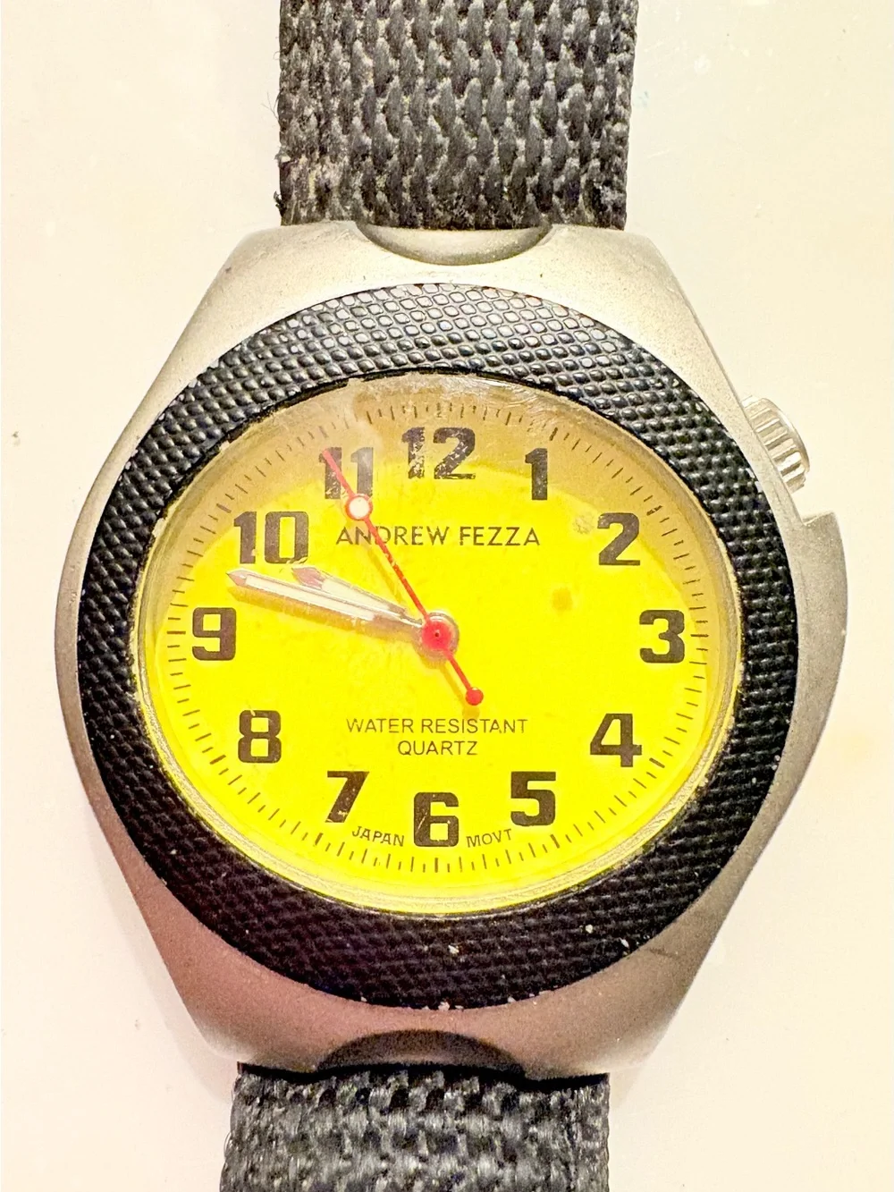 Andrew Fezza Yellow Dial Watch with Black Bezel and Strap Water Resistant Quartz